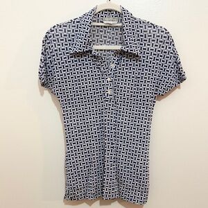 Max Mara Blue Geometric Stretch Knit Polo Top Small